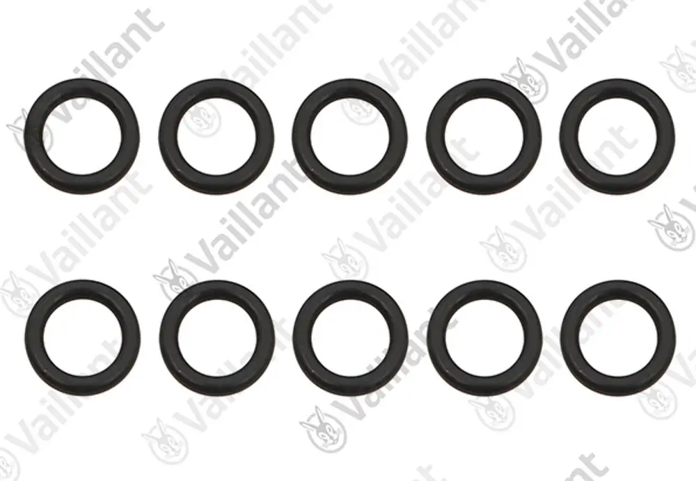 Schwarze O-Ringe in zwei Reihen angeordnet. Sie gehören zur Marke Vaillant und sind für Dichtungen oder Abdichtungen in technischen Anwendungen vorgesehen.